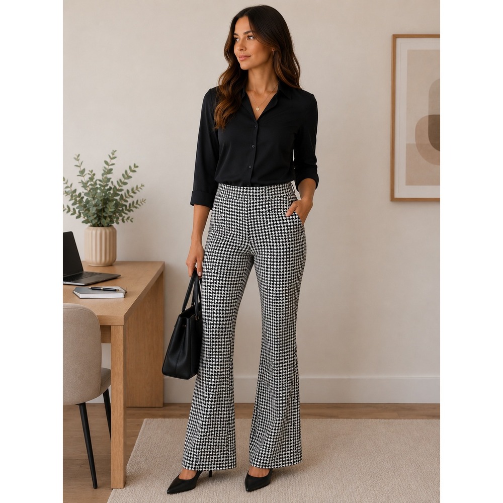 Angel Cult Houndstooth Flare Pants Black White High Waist Bell Bottom Size M